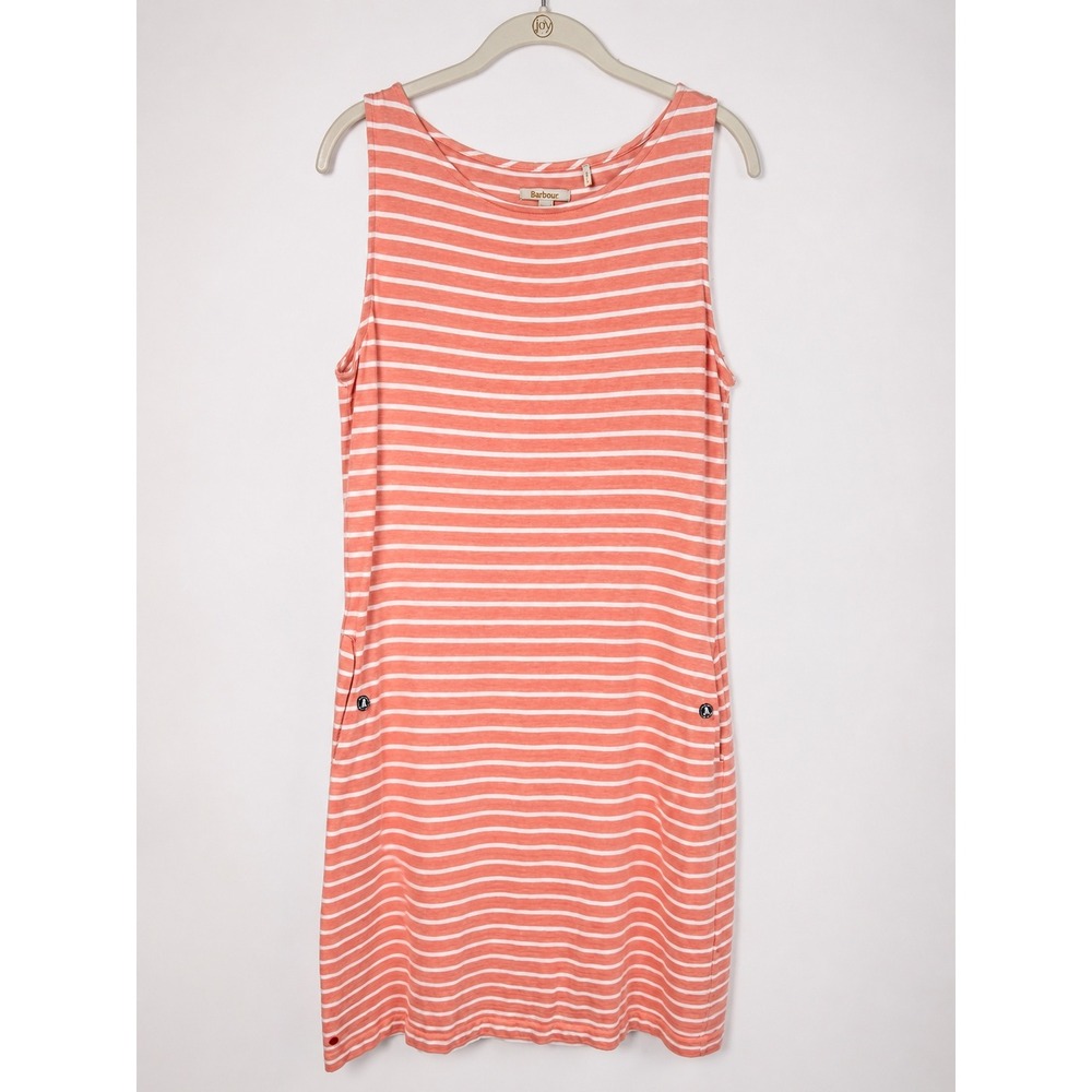 Barbour Dalmore Dress Womens 10 Coral Pink White Striped Sleeveless Knit Pockets